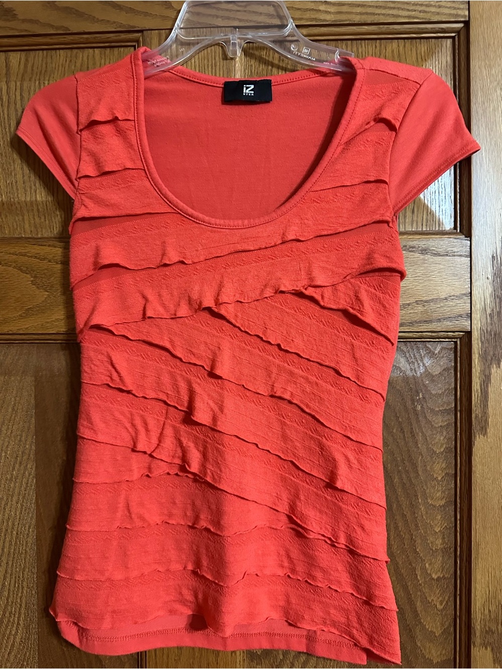 Iz Byer Coral Layered Ruffle Scoop Neck Short Sleeve Top
